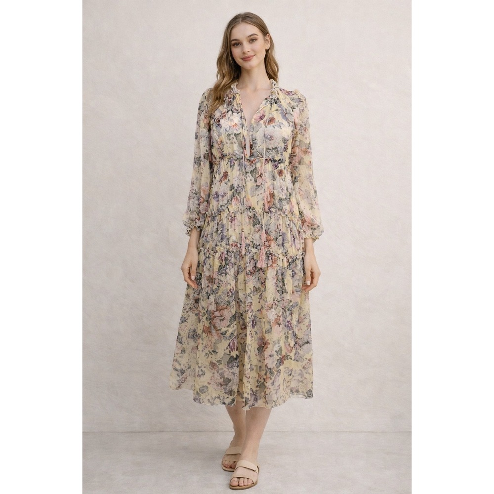 WB4 OPT Floral Print Long Sleeve Midi Dress Tie Neck Ruffle Trim Boho Chic